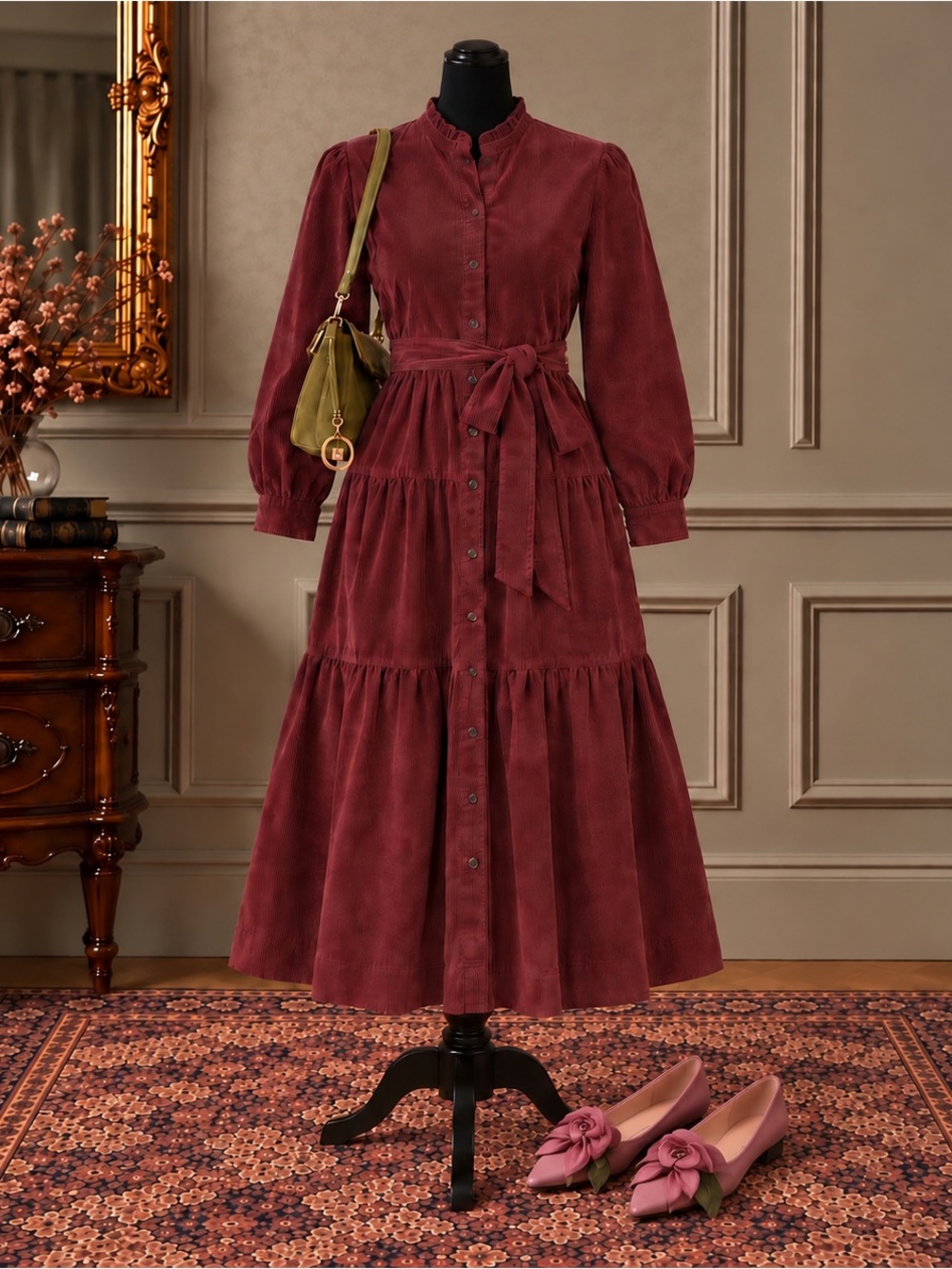 Boden Ellen Tiered Corduroy Midi Button-Up Shirt Dress Burgundy Plum 6P